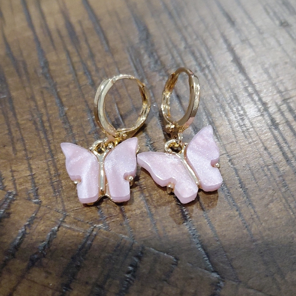 Gold Hoop Butterfly Drop Earrings - Pink Butterfly Charm